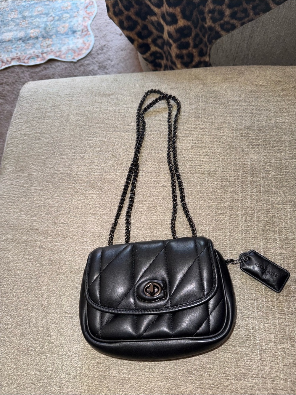 Black Quilted Leather Crossbody Bag with Chain Strap